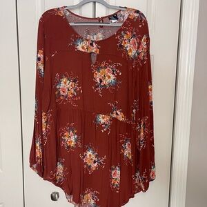 Torrid Rust Floral Babydoll Top | Boho Peplum Long Sleeve